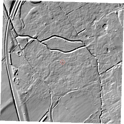 Shaded relief map of the ground around CB243GY, computed from Environment Agency LiDAR. The ground here sits at about 7 m above sea level and falls 6 m across the surrounding 800 m. Surface water reaching this point runs off ground lying to the south-south-east, 1.7 m higher.