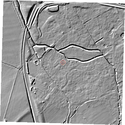 Shaded relief map of the ground around CB243UP, computed from Environment Agency LiDAR. The ground here sits at about 7 m above sea level and falls 7 m across the surrounding 800 m. Surface water reaching this point runs off ground lying to the south, 1.0 m higher.