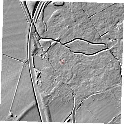 Shaded relief map of the ground around CB243US, computed from Environment Agency LiDAR. The ground here sits at about 8 m above sea level and falls 8 m across the surrounding 800 m. Surface water reaching this point runs off ground lying to the south, 0.6 m higher.