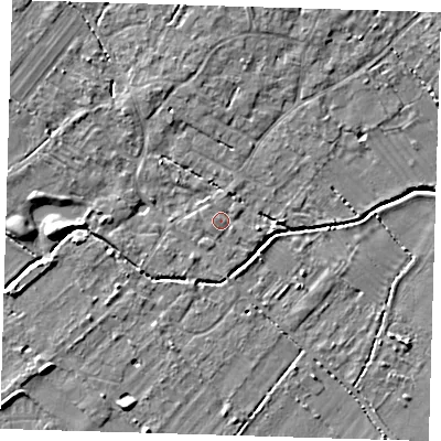 Shaded relief map of the ground around CB243XA, computed from Environment Agency LiDAR. The ground here sits at about 9 m above sea level and falls 6 m across the surrounding 800 m. Surface water reaching this point runs off ground lying to the north-north-west, 3.2 m higher.
