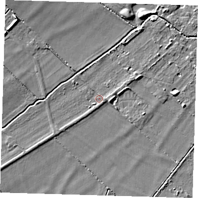 Shaded relief map of the ground around CB243YW, computed from Environment Agency LiDAR. The ground here sits at about 10 m above sea level and falls 7 m across the surrounding 800 m. Surface water reaching this point runs off ground lying to the south-west, 1.5 m higher.