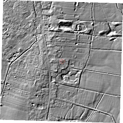 Shaded relief map of the ground around CB244AG, computed from Environment Agency LiDAR. The ground here sits at about 7 m above sea level and falls 7 m across the surrounding 800 m. Surface water reaching this point runs off ground lying to the west, 1.3 m higher.