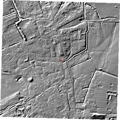Shaded relief map of the ground around CB244GH, computed from Environment Agency LiDAR. The ground here sits at about 6 m above sea level and falls 7 m across the surrounding 800 m. Surface water reaching this point runs off ground lying to the north-west, 3.1 m higher.