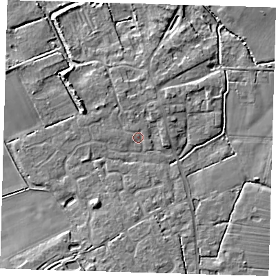 Shaded relief map of the ground around CB244GJ, computed from Environment Agency LiDAR. The ground here sits at about 6 m above sea level and falls 7 m across the surrounding 800 m. Surface water reaching this point runs off ground lying to the north-west, 1.6 m higher.