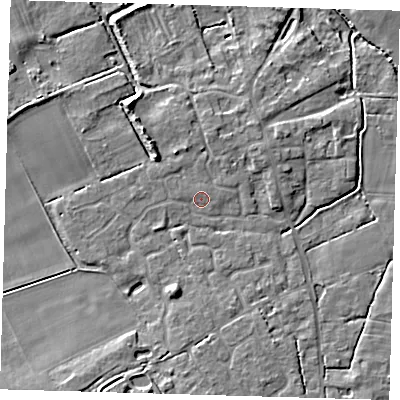 Shaded relief map of the ground around CB244GQ, computed from Environment Agency LiDAR. The ground here sits at about 6 m above sea level and falls 7 m across the surrounding 800 m. Surface water reaching this point runs off ground lying to the north-east, 0.5 m higher.