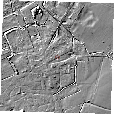 Shaded relief map of the ground around CB244QG, computed from Environment Agency LiDAR. The ground here sits at about 7 m above sea level and falls 7 m across the surrounding 800 m. Surface water reaching this point runs off ground lying to the west-south-west, 1.9 m higher.