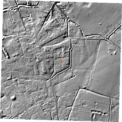 Shaded relief map of the ground around CB244QH, computed from Environment Agency LiDAR. The ground here sits at about 6 m above sea level and falls 7 m across the surrounding 800 m. Surface water reaching this point runs off ground lying to the north-north-west, 1.3 m higher.