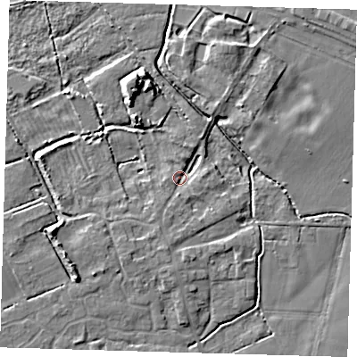 Shaded relief map of the ground around CB244QJ, computed from Environment Agency LiDAR. The ground here sits at about 6 m above sea level and falls 7 m across the surrounding 800 m. Surface water reaching this point runs off ground lying to the south-south-west, 3.3 m higher.
