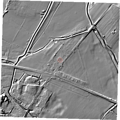 Shaded relief map of the ground around CB244QL, computed from Environment Agency LiDAR. The ground here sits at about 5 m above sea level and falls 11 m across the surrounding 800 m. Surface water reaching this point runs off ground lying to the west-south-west, 1.1 m higher.