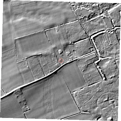 Shaded relief map of the ground around CB244QP, computed from Environment Agency LiDAR. The ground here sits at about 7 m above sea level and falls 7 m across the surrounding 800 m. Surface water reaching this point runs off ground lying to the west-north-west, 2.3 m higher.