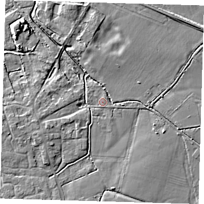 Shaded relief map of the ground around CB244QQ, computed from Environment Agency LiDAR. The ground here sits at about 5 m above sea level and falls 7 m across the surrounding 800 m. Surface water reaching this point runs off ground lying to the west-south-west, 3.6 m higher.