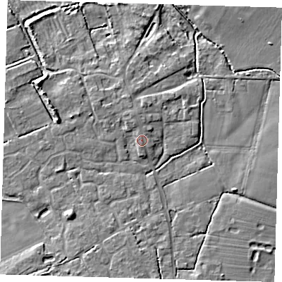 Shaded relief map of the ground around CB244QU, computed from Environment Agency LiDAR. The ground here sits at about 7 m above sea level and falls 7 m across the surrounding 800 m. Surface water reaching this point runs off ground lying to the north-north-west, 1.1 m higher.