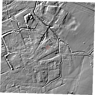 Shaded relief map of the ground around CB244QW, computed from Environment Agency LiDAR. The ground here sits at about 6 m above sea level and falls 7 m across the surrounding 800 m. Surface water reaching this point runs off ground lying to the south-west, 2.3 m higher.