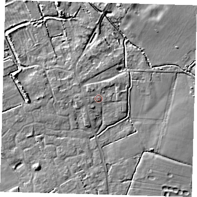 Shaded relief map of the ground around CB244QY, computed from Environment Agency LiDAR. The ground here sits at about 7 m above sea level and falls 7 m across the surrounding 800 m. Surface water reaching this point runs off ground lying to the west-north-west, 1.5 m higher.