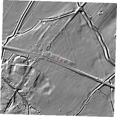 Shaded relief map of the ground around CB244QZ, computed from Environment Agency LiDAR. The ground here sits at about 6 m above sea level and falls 9 m across the surrounding 800 m. Surface water reaching this point runs off ground lying to the south-east, 1.3 m higher.