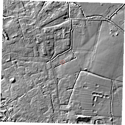 Shaded relief map of the ground around CB244RF, computed from Environment Agency LiDAR. The ground here sits at about 5 m above sea level and falls 6 m across the surrounding 800 m. Surface water reaching this point runs off ground lying to the south-south-west, 1.9 m higher.