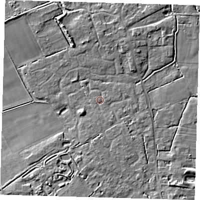 Shaded relief map of the ground around CB244RJ, computed from Environment Agency LiDAR. The ground here sits at about 6 m above sea level and falls 7 m across the surrounding 800 m. Surface water reaching this point runs off ground lying to the south, 1.7 m higher.