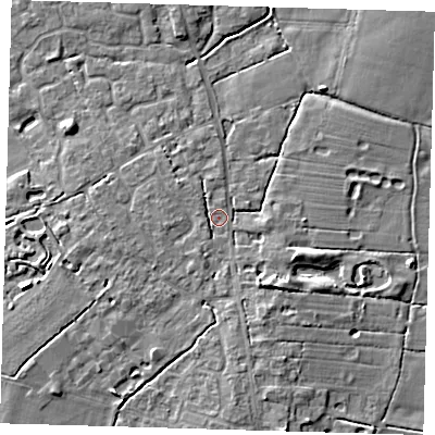 Shaded relief map of the ground around CB244RN, computed from Environment Agency LiDAR. The ground here sits at about 6 m above sea level and falls 6 m across the surrounding 800 m. Surface water reaching this point runs off ground lying to the north-west, 1.8 m higher.