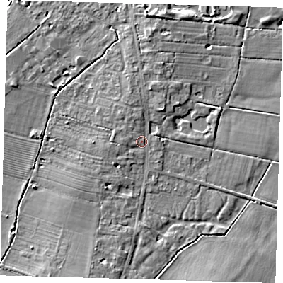 Shaded relief map of the ground around CB244RP, computed from Environment Agency LiDAR. The ground here sits at about 7 m above sea level and falls 8 m across the surrounding 800 m. Surface water reaching this point runs off ground lying to the west, 1.6 m higher.