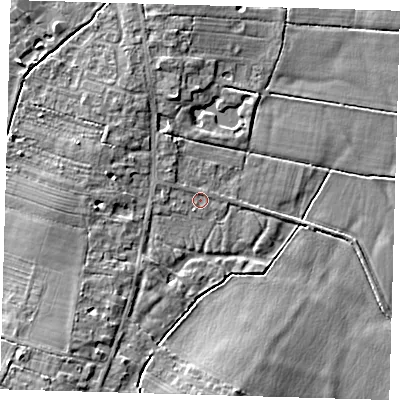Shaded relief map of the ground around CB244RU, computed from Environment Agency LiDAR. The ground here sits at about 6 m above sea level and falls 8 m across the surrounding 800 m. Surface water reaching this point runs off ground lying to the west, 1.2 m higher.