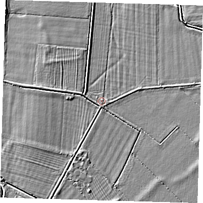 Shaded relief map of the ground around CB244RX, computed from Environment Agency LiDAR. The ground here sits at about 6 m above sea level and falls 3 m across the surrounding 800 m. Surface water reaching this point runs off ground lying to the west-south-west, 2.2 m higher.