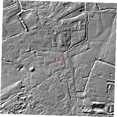 Shaded relief map of the ground around CB244SA, computed from Environment Agency LiDAR. The ground here sits at about 6 m above sea level and falls 7 m across the surrounding 800 m. Surface water reaching this point runs off ground lying to the south, 0.8 m higher.