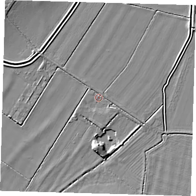 Shaded relief map of the ground around CB244SE, computed from Environment Agency LiDAR. The ground here sits at about 6 m above sea level and falls 6 m across the surrounding 800 m. Surface water reaching this point runs off ground lying to the south, 1.8 m higher.