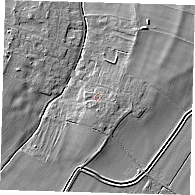 Shaded relief map of the ground around CB244SG, computed from Environment Agency LiDAR. The ground here sits at about 8 m above sea level and falls 6 m across the surrounding 800 m. Surface water reaching this point runs off ground lying to the south, 1.8 m higher.