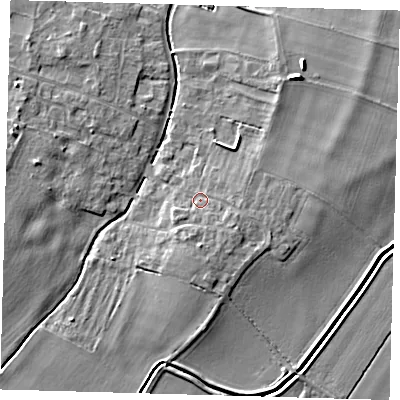 Shaded relief map of the ground around CB244SH, computed from Environment Agency LiDAR. The ground here sits at about 8 m above sea level and falls 6 m across the surrounding 800 m. Surface water reaching this point runs off ground lying to the south, 2.7 m higher.