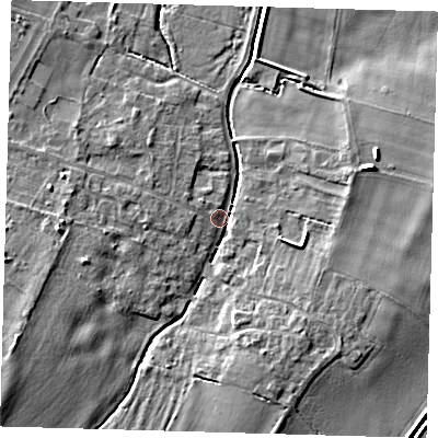 Shaded relief map of the ground around CB244SJ, computed from Environment Agency LiDAR. The ground here sits at about 6 m above sea level and falls 7 m across the surrounding 800 m. Surface water reaching this point runs off ground lying to the east-north-east, 6.2 m higher.