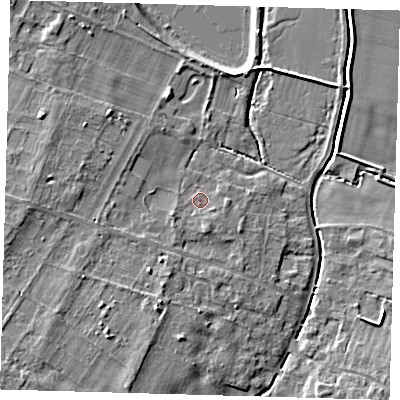 Shaded relief map of the ground around CB244SW, computed from Environment Agency LiDAR. The ground here sits at about 7 m above sea level and falls 7 m across the surrounding 800 m. Surface water reaching this point runs off ground lying to the south-south-east, 1.7 m higher.