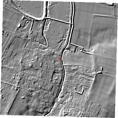 Shaded relief map of the ground around CB244SY, computed from Environment Agency LiDAR. The ground here sits at about 6 m above sea level and falls 7 m across the surrounding 800 m. Surface water reaching this point runs off ground lying to the south-west, 3.4 m higher.