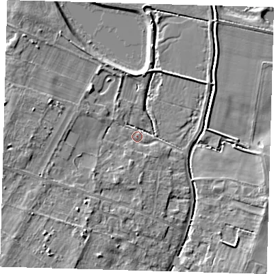 Shaded relief map of the ground around CB244TE, computed from Environment Agency LiDAR. The ground here sits at about 6 m above sea level and falls 7 m across the surrounding 800 m. Surface water reaching this point runs off ground lying to the south-west, 6.7 m higher.