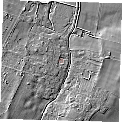 Shaded relief map of the ground around CB244TF, computed from Environment Agency LiDAR. The ground here sits at about 6 m above sea level and falls 7 m across the surrounding 800 m. Surface water reaching this point runs off ground lying to the west, 2.2 m higher.