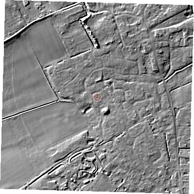 Shaded relief map of the ground around CB244TR, computed from Environment Agency LiDAR. The ground here sits at about 6 m above sea level and falls 7 m across the surrounding 800 m. Surface water reaching this point runs off ground lying to the north, 0.5 m higher.