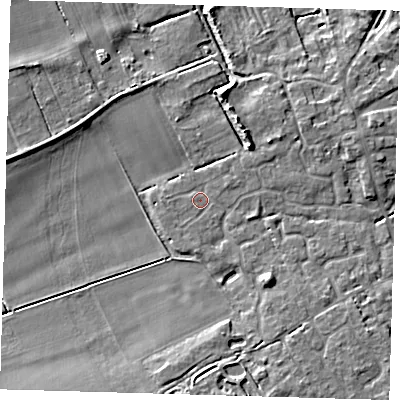 Shaded relief map of the ground around CB244TT, computed from Environment Agency LiDAR. The ground here sits at about 6 m above sea level and falls 7 m across the surrounding 800 m. Surface water reaching this point runs off ground lying to the south-east, 2.4 m higher.