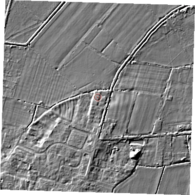 Shaded relief map of the ground around CB245AJ, computed from Environment Agency LiDAR. The ground here sits at about 6 m above sea level and falls 9 m across the surrounding 800 m. Surface water reaching this point runs off ground lying to the south-south-west, 1.1 m higher.