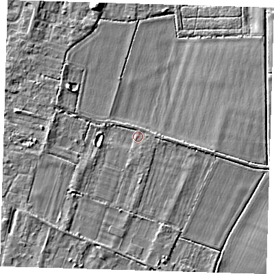 Shaded relief map of the ground around CB245HZ, computed from Environment Agency LiDAR. The ground here sits at about 6 m above sea level and falls 9 m across the surrounding 800 m. Surface water reaching this point runs off ground lying to the south-west, 3.4 m higher.