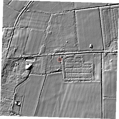 Shaded relief map of the ground around CB245JL, computed from Environment Agency LiDAR. The ground here sits at about 4 m above sea level and falls 11 m across the surrounding 800 m. Surface water reaching this point runs off ground lying to the west-south-west, 8.5 m higher.