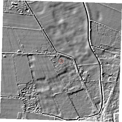 Shaded relief map of the ground around CB245LP, computed from Environment Agency LiDAR. The ground here sits at about 4 m above sea level and falls 4 m across the surrounding 800 m. Surface water reaching this point runs off ground lying to the south-south-east, 3.1 m higher.