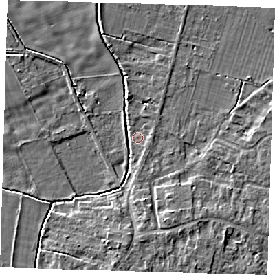 Shaded relief map of the ground around CB245LR, computed from Environment Agency LiDAR. The ground here sits at about 4 m above sea level and falls 5 m across the surrounding 800 m. Surface water reaching this point runs off ground lying to the south-south-east, 5.1 m higher.