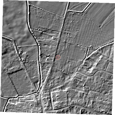 Shaded relief map of the ground around CB245LS, computed from Environment Agency LiDAR. The ground here sits at about 4 m above sea level and falls 5 m across the surrounding 800 m. Surface water reaching this point runs off ground lying to the west, 0.7 m higher.