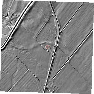 Shaded relief map of the ground around CB245LT, computed from Environment Agency LiDAR. The ground here sits at about 3 m above sea level and falls 4 m across the surrounding 800 m. Surface water reaching this point runs off ground lying to the south, 1.1 m higher.