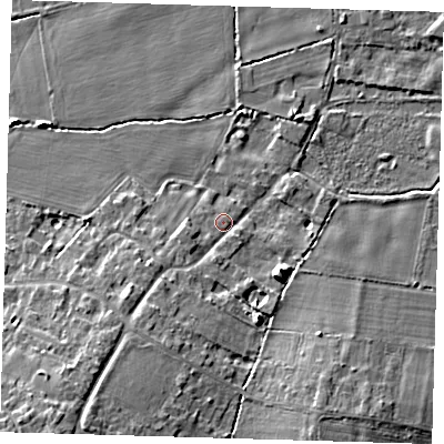 Shaded relief map of the ground around CB245NE, computed from Environment Agency LiDAR. The ground here sits at about 6 m above sea level and falls 11 m across the surrounding 800 m. Surface water reaching this point runs off ground lying to the south-west, 8.3 m higher.