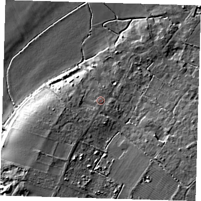 Shaded relief map of the ground around CB245NJ, computed from Environment Agency LiDAR. The ground here sits at about 10 m above sea level and falls 13 m across the surrounding 800 m. Surface water reaching this point runs off ground lying to the south-south-west, 2.2 m higher.