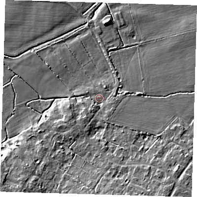 Shaded relief map of the ground around CB245NS, computed from Environment Agency LiDAR. The ground here sits at about 4 m above sea level and falls 11 m across the surrounding 800 m. Surface water reaching this point runs off ground lying to the south, 6.9 m higher.