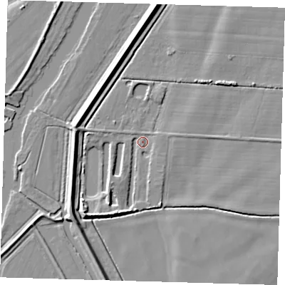 Shaded relief map of the ground around CB245NT, computed from Environment Agency LiDAR. The ground here sits at about 3 m above sea level and falls 5 m across the surrounding 800 m. Surface water reaching this point runs off ground lying to the south-south-west, 4.2 m higher.