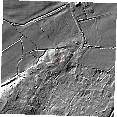 Shaded relief map of the ground around CB245NX, computed from Environment Agency LiDAR. The ground here sits at about 6 m above sea level and falls 12 m across the surrounding 800 m. Surface water reaching this point runs off ground lying to the south-south-west, 2.3 m higher.