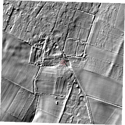 Shaded relief map of the ground around CB245PP, computed from Environment Agency LiDAR. The ground here sits at about 12 m above sea level and falls 8 m across the surrounding 800 m. Surface water reaching this point runs off ground lying to the south, 2.8 m higher.