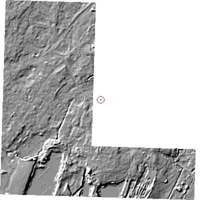 Shaded relief map of the ground around CB246AD, computed from Environment Agency LiDAR. and falls 6 m across the surrounding 800 m. The ground contributing surface water to this point lies to the south-west.
